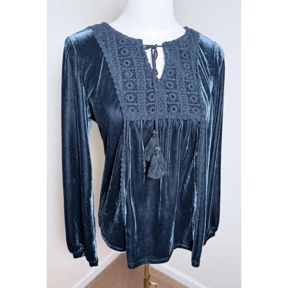 Kate & Sam Velvet Crochet Lace Peasant Top Small Blue Boho Tassel Babydoll